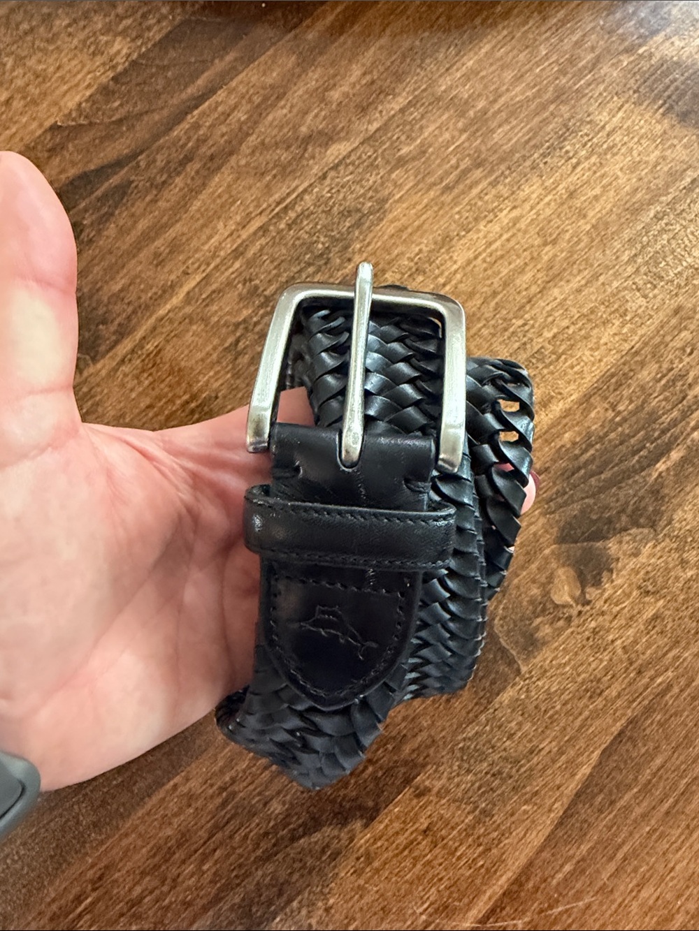 100% Leather Tommy Bahama Black Woven  Belt with Silver Buckle